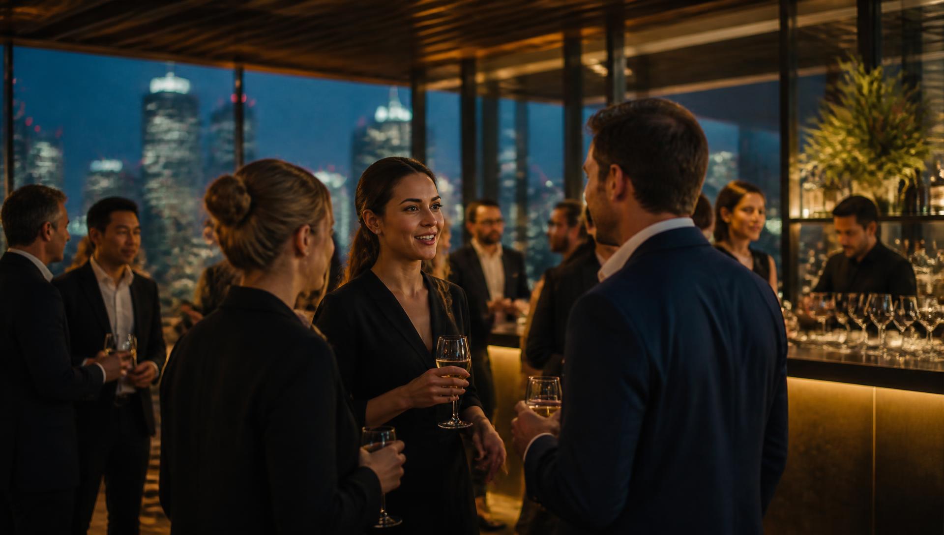 Professionals holding cocktails and mingling on a lit rooftop terrace at a chamber of commerce evening mixer