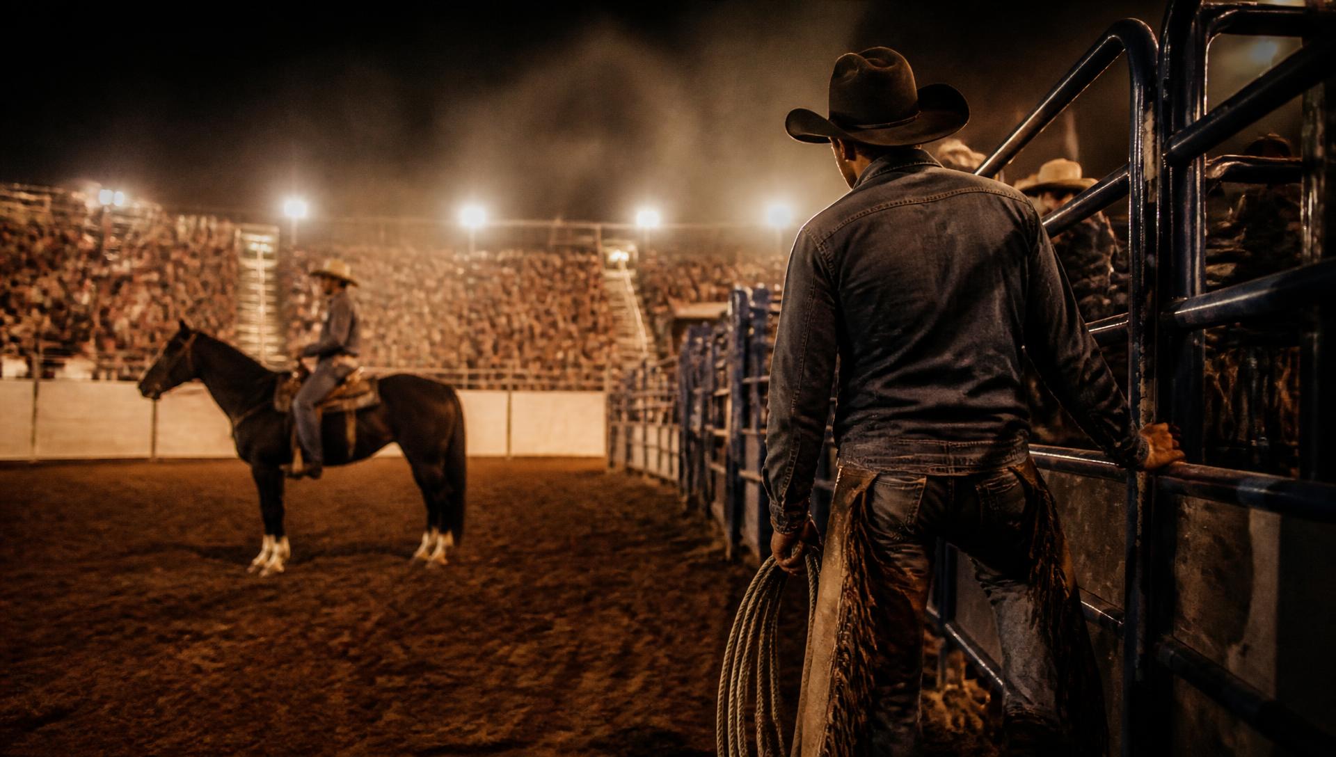 A saddle bronc rider bursting from the chute into a lit professional rodeo arena as the crowd watches from the rail