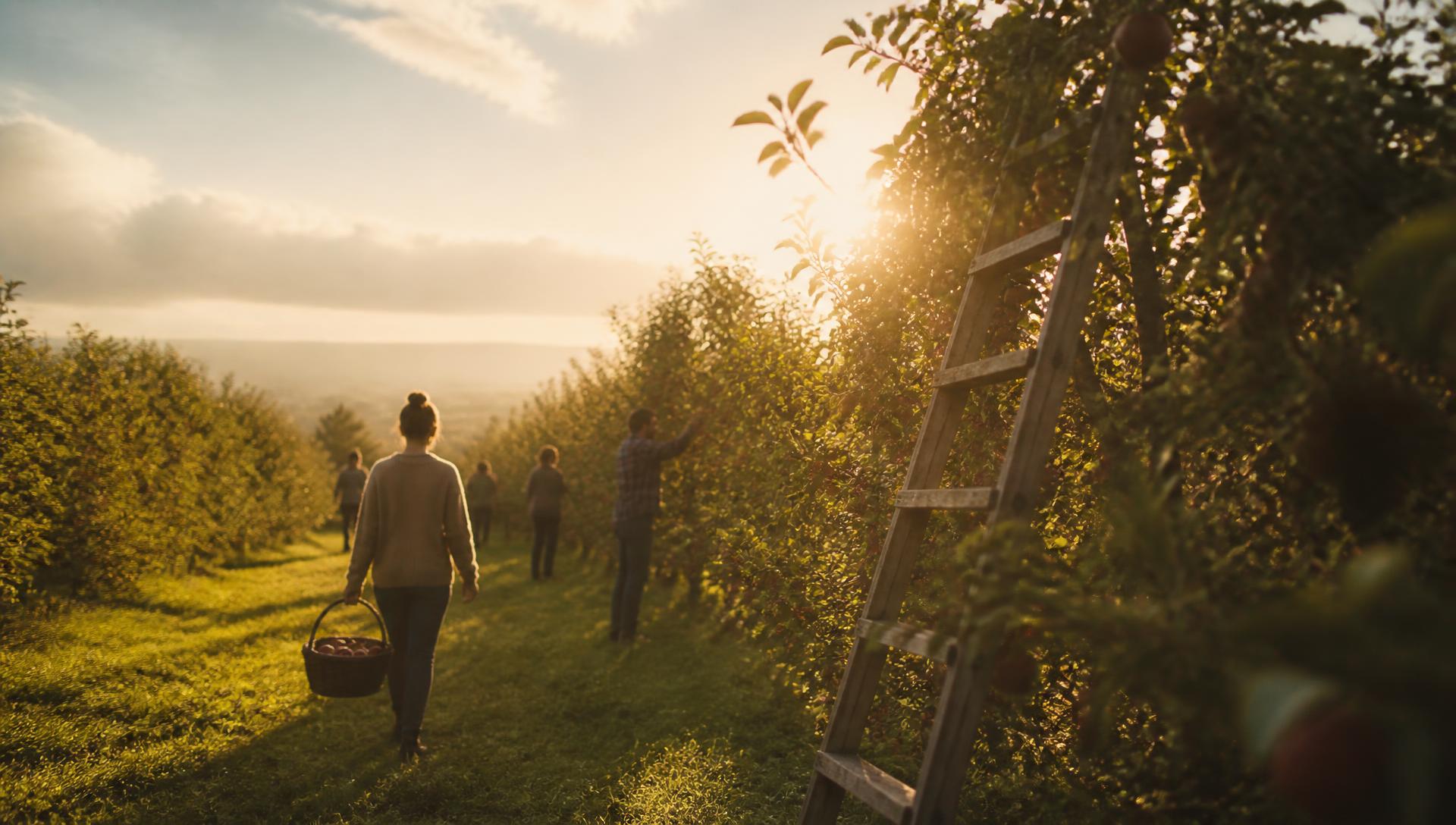 Visitors carrying picking bags between heavily laden apple trees in a u-pick orchard on an autumn morning